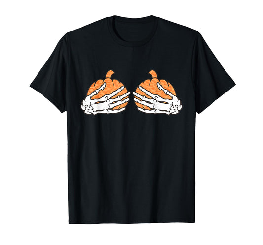Pumpkin Boob Skeleton Hands On Chest Funny Halloween T-Shirt
