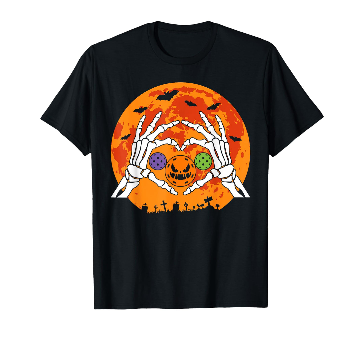 Funny Pickleball Halloween Skeleton Hands Love Heart Pumpkin T-Shirt