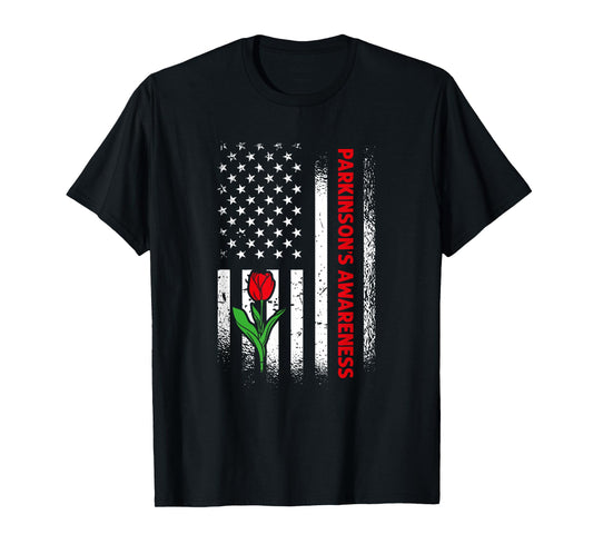 US Flag Red Tulip Parkinson's Awareness T-Shirt