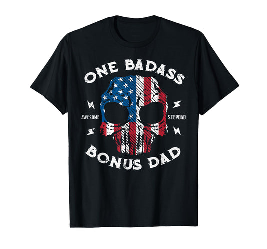 One Awesome Stepdad Bonus Dad Fathers Day US Flag Skull Men T-Shirt