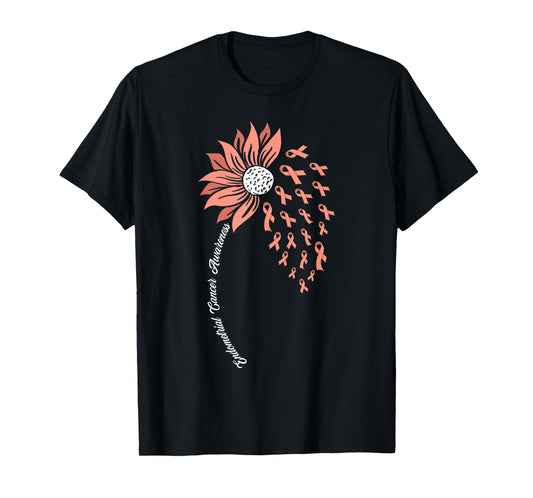 Sunflower Peach Ribbon Support Endometrial Cancer Awareness T-Shirt