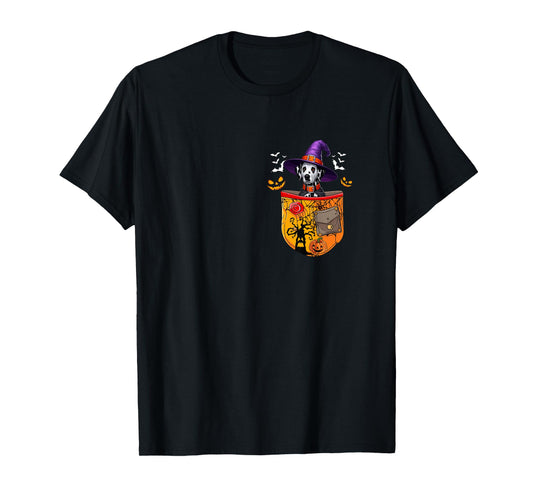 Dalmatian As Witch in Pocket Halloween Dog Owner Family T-Shirt