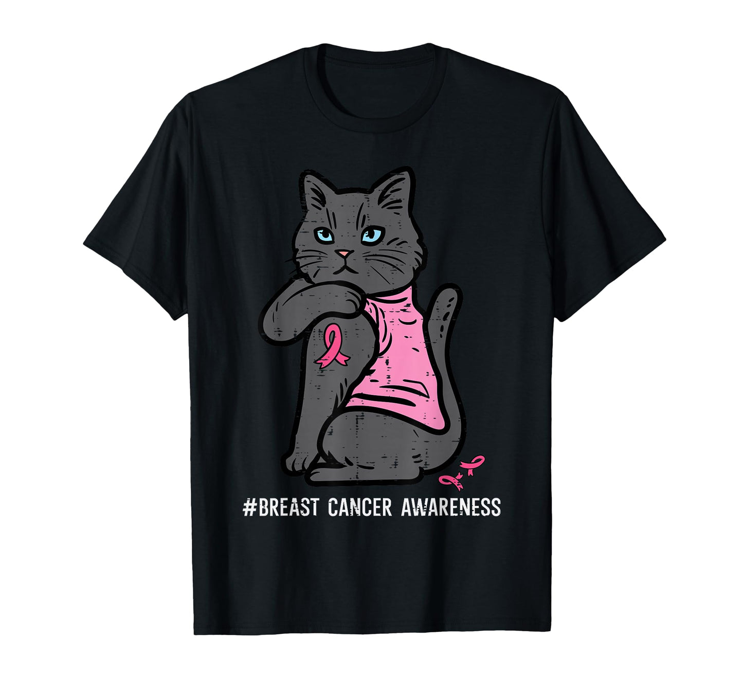 Breast Cancer Cat Pink Ribbon Awareness Women Girls Kids T-Shirt