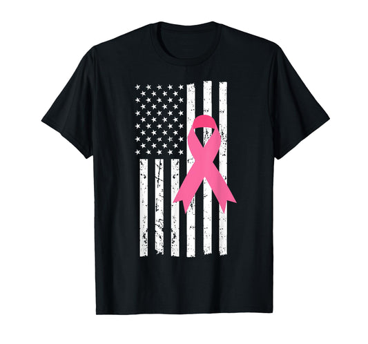 US Flag Pink Ribbon Cool Breast Cancer Awareness Gifts T-Shirt