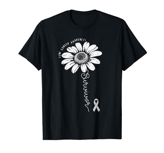 Lung Cancer Awareness Survivor Flower White Ribbon Support T-Shirt