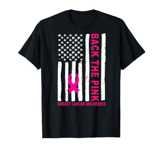 Back The Pink Ribbon USA Flag Breast Cancer Awareness T-Shirt