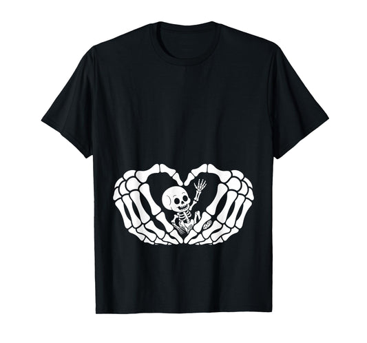 Cute Baby Skeleton in Heart Hands Halloween Pregnancy Womens T-Shirt