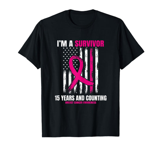 Womens 15 Year Survivor Gifts Pink Breast Cancer Awareness USA Flag T-Shirt