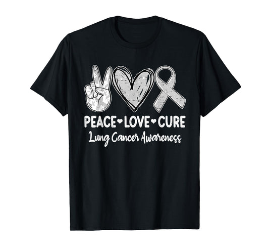 Peace Love Cure Lung Cancer Awareness White Ribbon Support T-Shirt