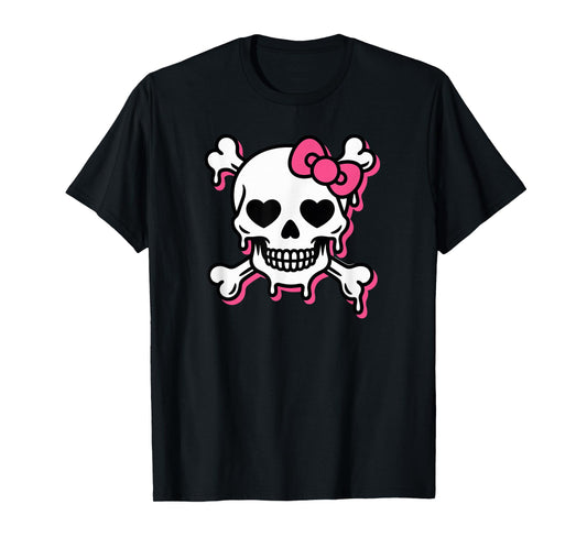 Cute Skull Pink Bow Dripping Crossbone Halloween Women Girls T-Shirt