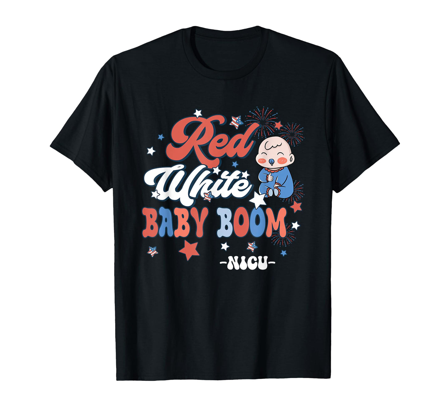 Retro Groovy Red White & Baby Boom NICU Nurse 4th Of July T-Shirt