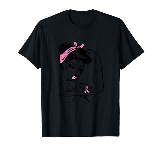 Rosie Riveter Breast Cancer Survivor Ribbon Awareness Women T-Shirt