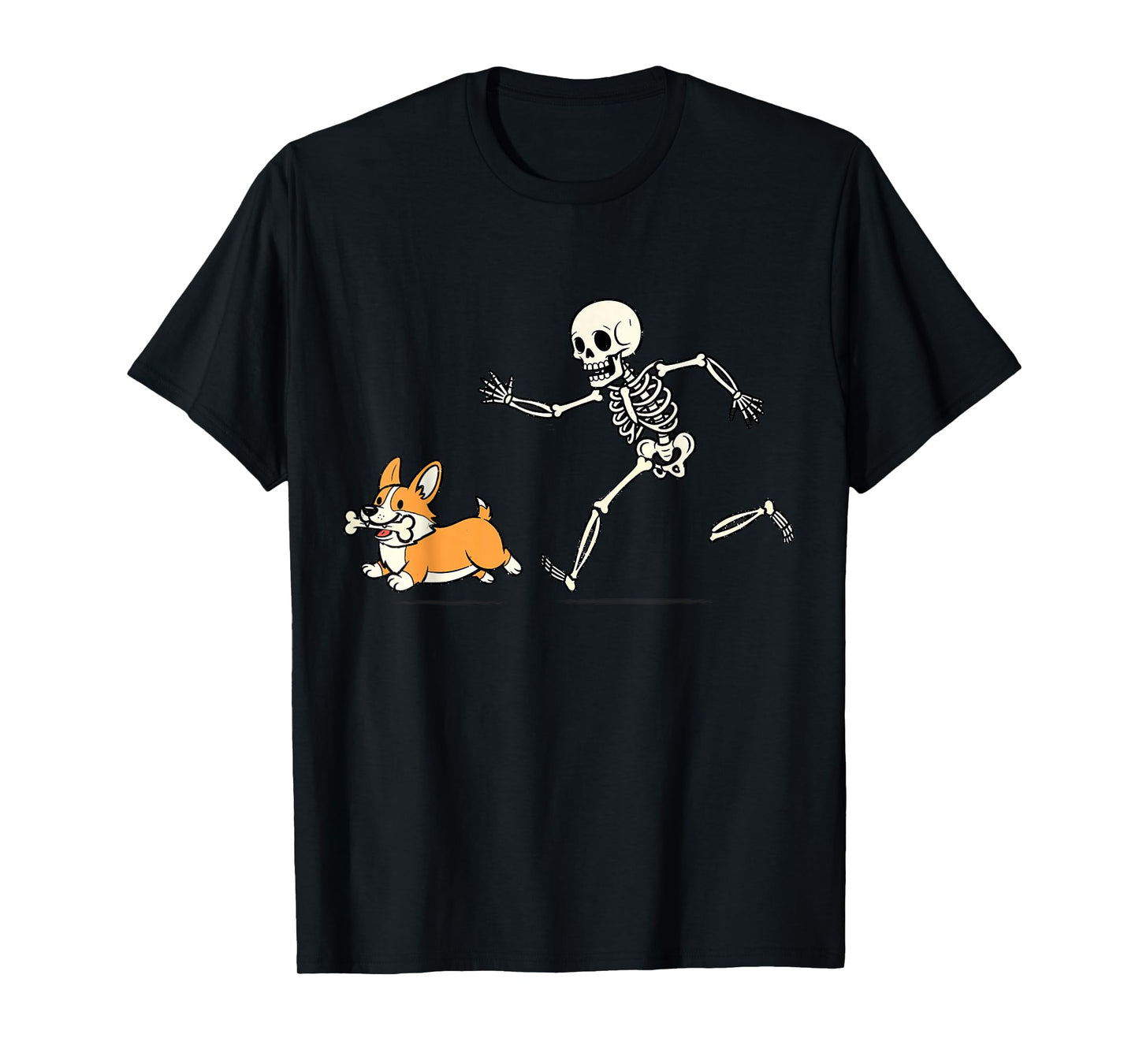 Funny Skeleton Chasing Cute Corgi Boo Running Dog Mom Dad T-Shirt