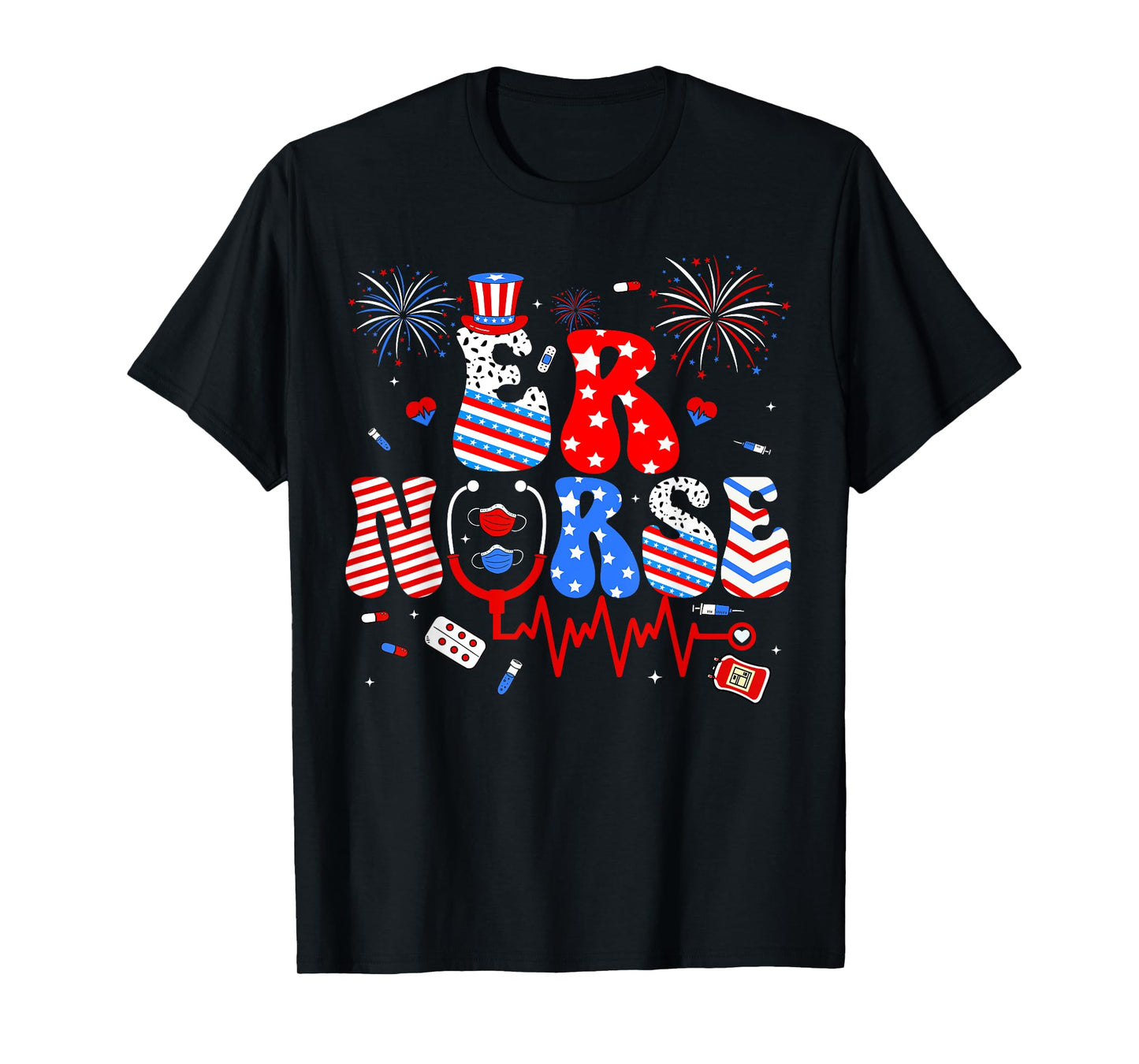Patriotic ER Nurse Happy 4th Of July Women Girls Scrub Top T-Shirt