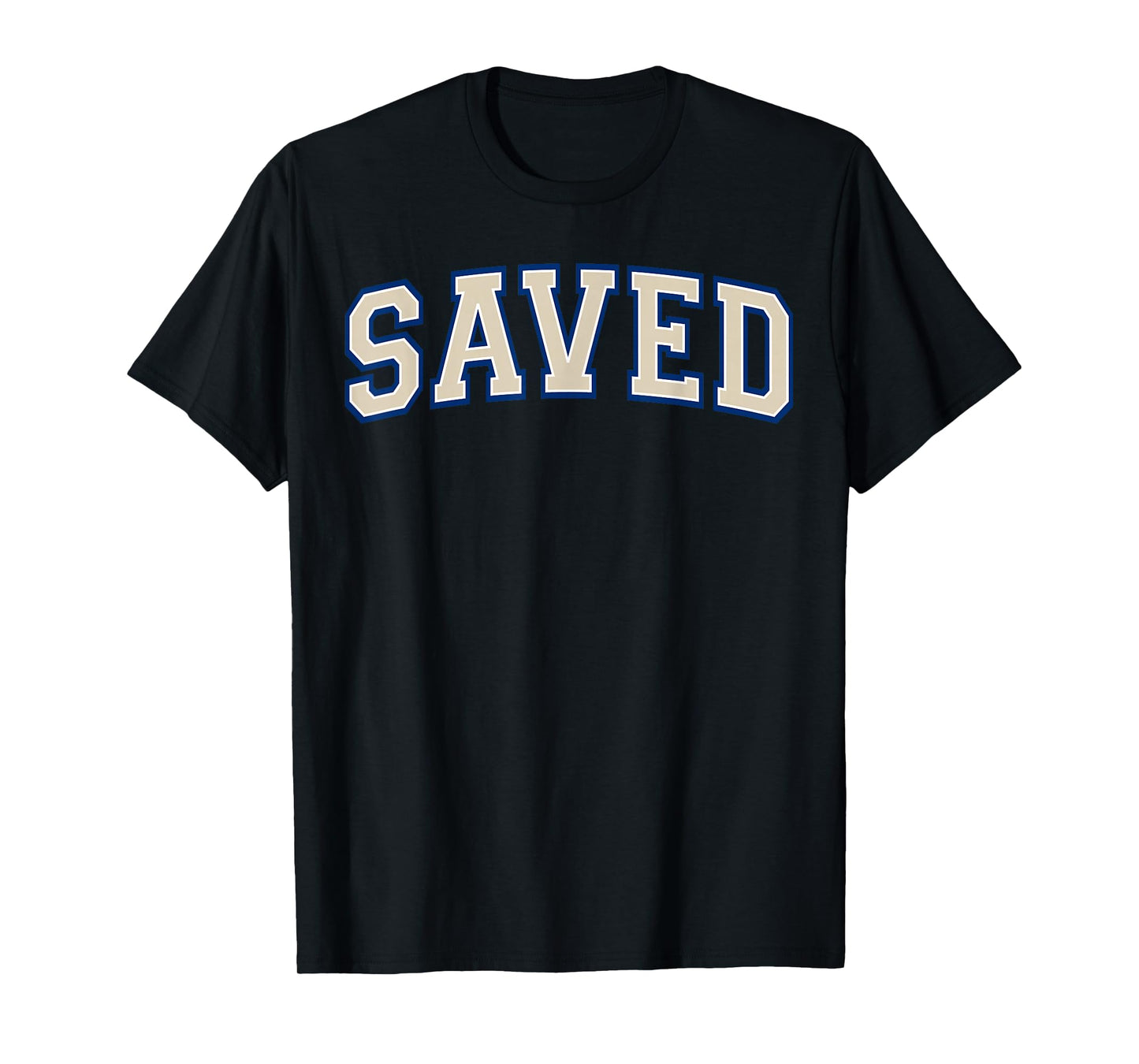 Saved Christian Faith Ivory and Blue Varisty Letters T-Shirt