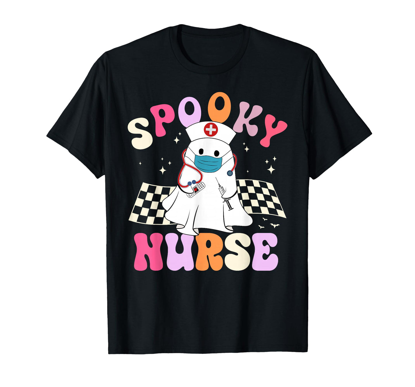 Spooky Nurse Ghost Groovy Women Girls Nurse Halloween T-Shirt