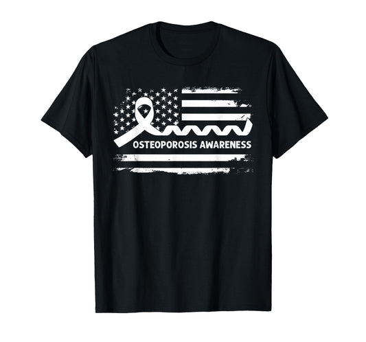 Osteoporosis Awareness American Flag - White Ribbon T-Shirt
