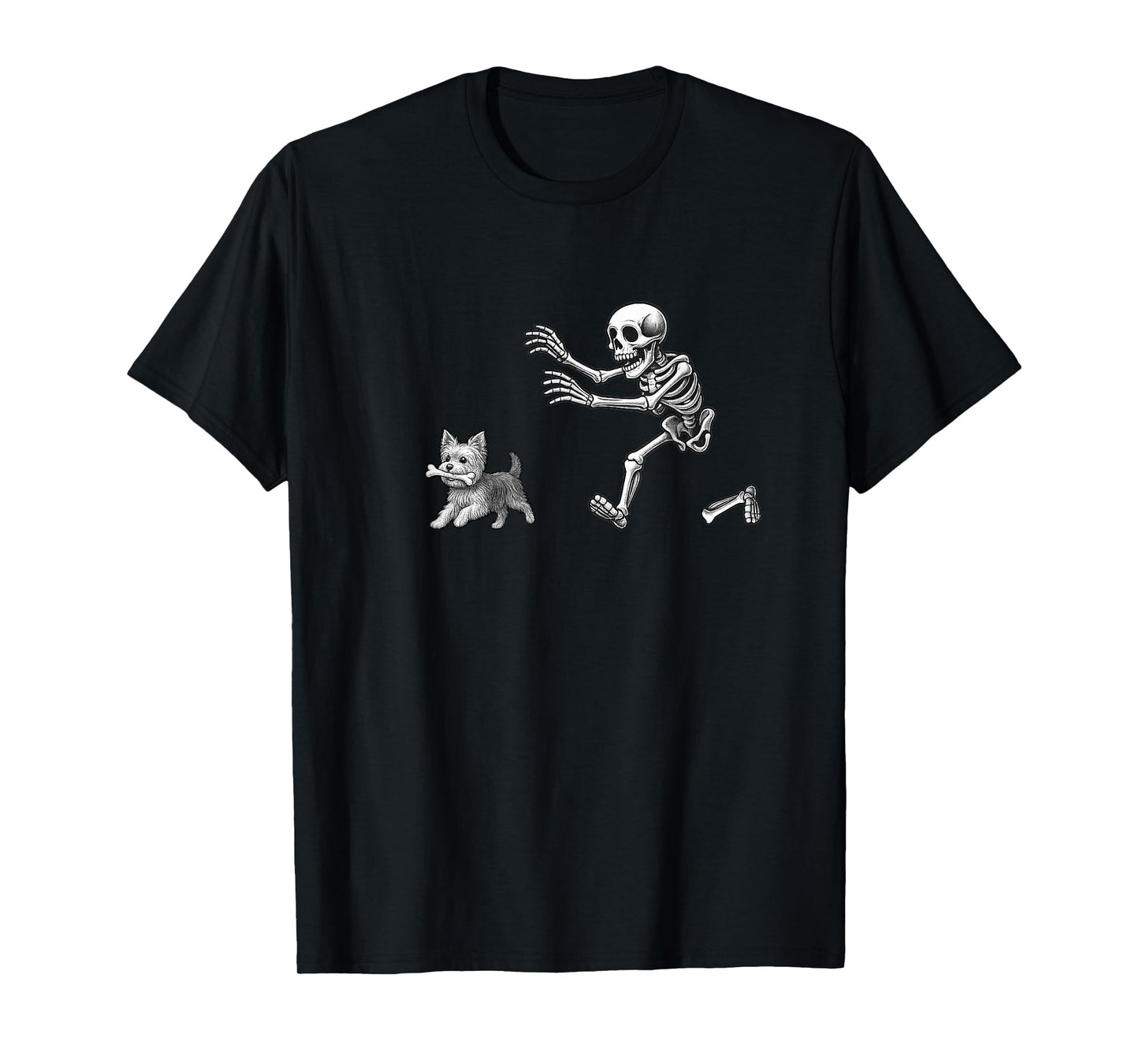 Funny Skeleton Chasing Yorkshire Terrier Halloween Dog Lover T-Shirt