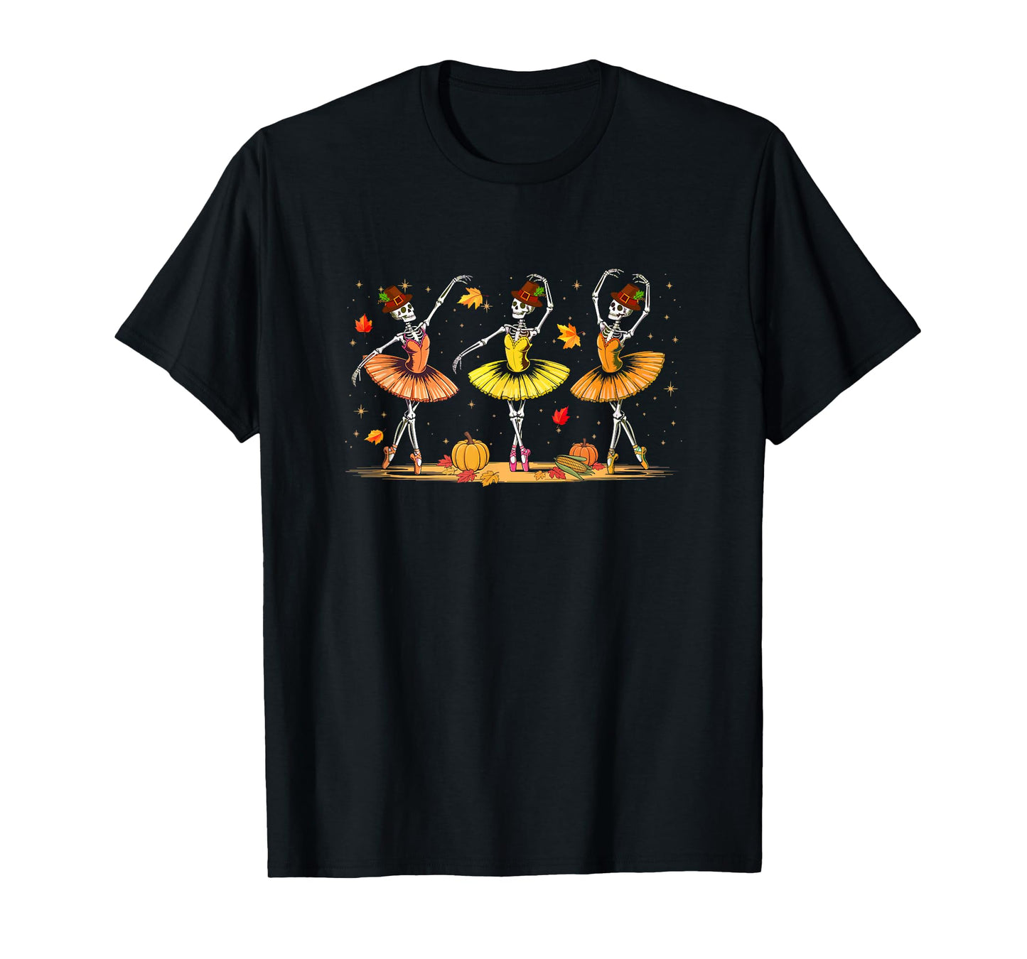 Three Cute Skeletons Bow Tie Dancing Thanksgiving Colorful T-Shirt
