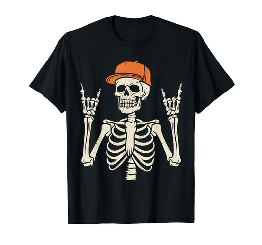 Rocker Skeleton Rock On Hand Halloween Skeleton Men Boys Kid T-Shirt