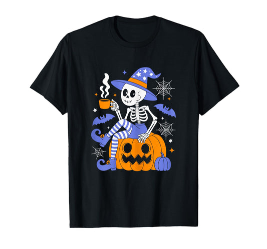 Cute Skeleton Sipping Coffee Halloween Outfit for Women T-Shirt