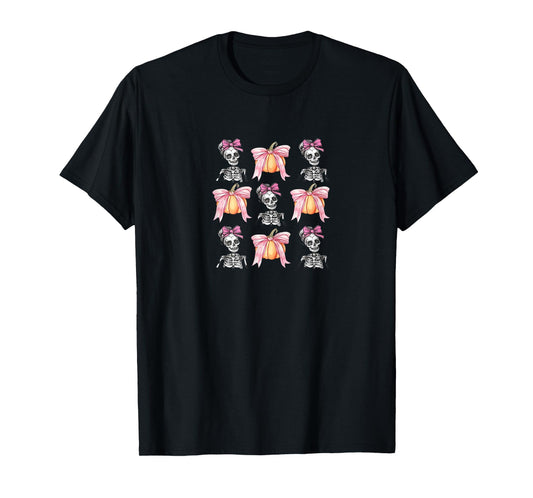 Coquette Skeleton Halloween Bows Pumpkin Spooky Cute Fun T-Shirt