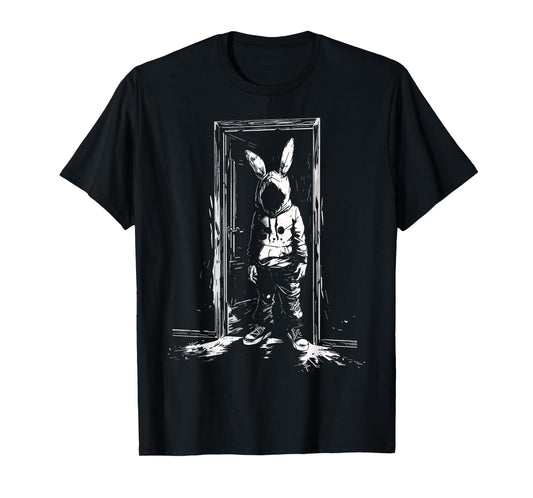 Horror Bunny Mask Man Rabbit Alt Goth Slasher Creepy Door T-Shirt