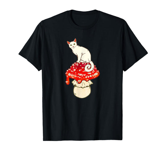Cute White Cat Sitting on Red Spotted Mushroom - T-Shirt