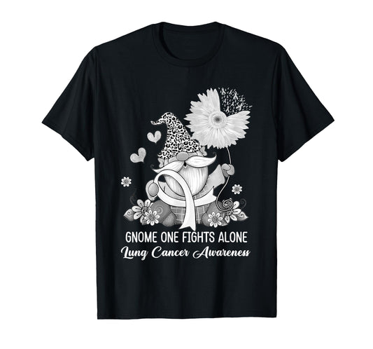 Gnome One Fights Alone Ribbon Lung Cancer Awareness T-Shirt