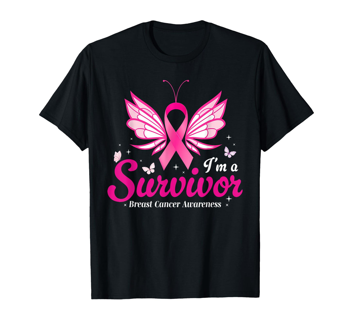 Survivor Breast Cancer Awareness Women Pink Ribbon Butterfly T-Shirt
