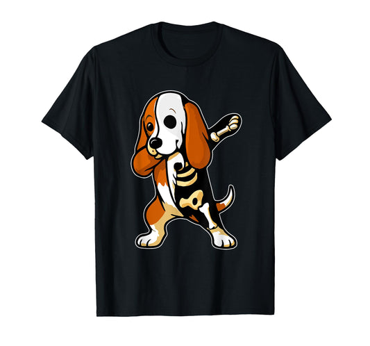 Dabbing Basset Hound Half Skeleton Halloween Costume Owner T-Shirt
