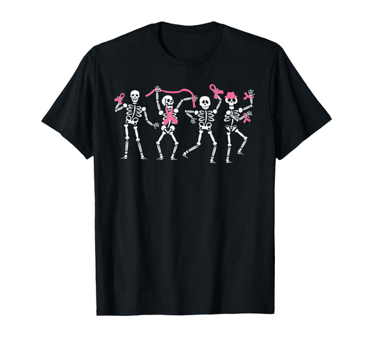 Dancing Skeleton Pink Ribbon Breast Cancer Awareness Support T-Shirt