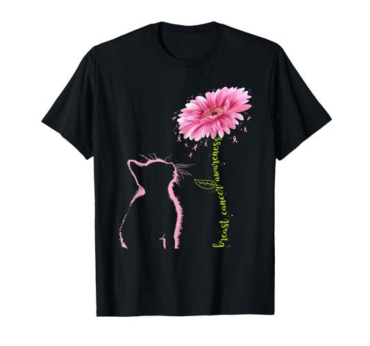 Breast Cancer Awareness Pink Ribbon Daisy Flower Cat Lovers T-Shirt