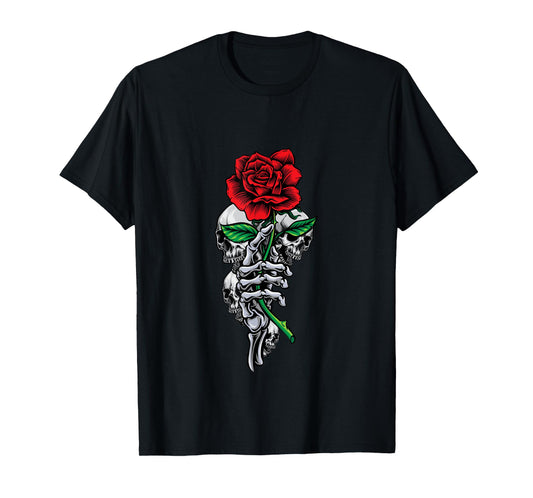 Skeleton Hand Red And Beautiful Rose Flower And Skulls Art T-Shirt