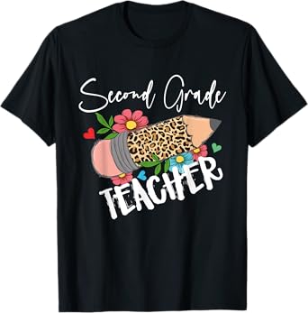 Second Grade Teacher Leopard Pencil 2nd Grade Women Teacher T-Shirt