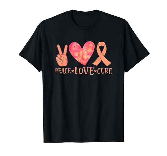 September Uterine Cancer Awareness Peace Love Cure Peach T-Shirt