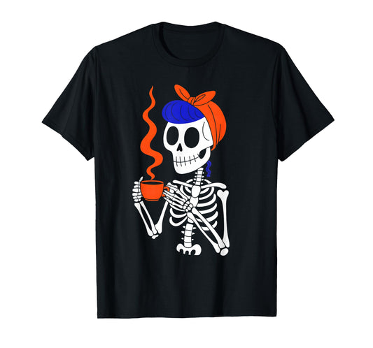 Cute Skeleton Drinking Coffee Funny Halloween Fall Women T-Shirt