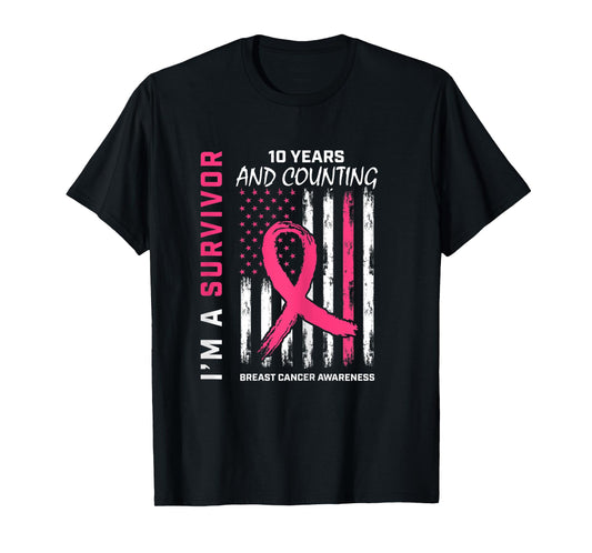 American Flag Pink Awareness 10 Year Breast Cancer Survivor T-Shirt for Women