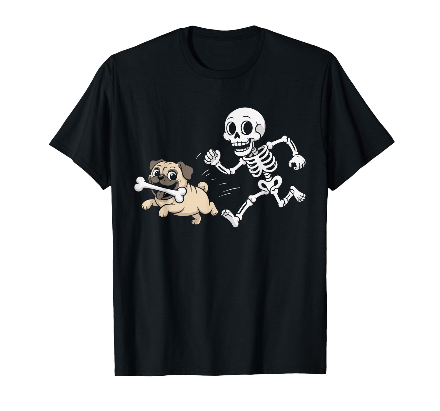 Spooky Pug Dog Steals Skeleton Bone Funny Halloween Men Boys T-Shirt