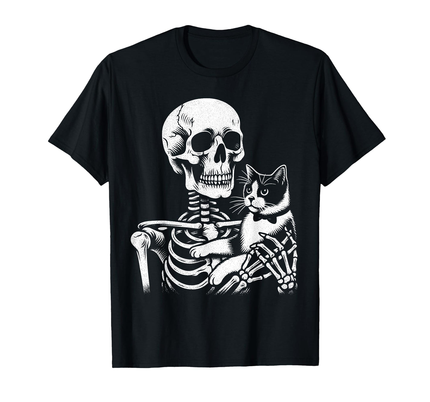 Skeleton Holding A Tuxedo Cat Lazy Halloween Costume Skull T-Shirt for Men Women Kids