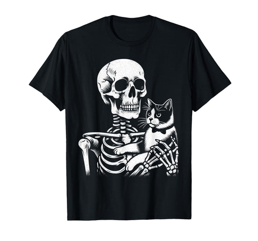 Skeleton Holding A Tuxedo Cat Lazy Halloween Costume Skull T-Shirt for Men Women Kids