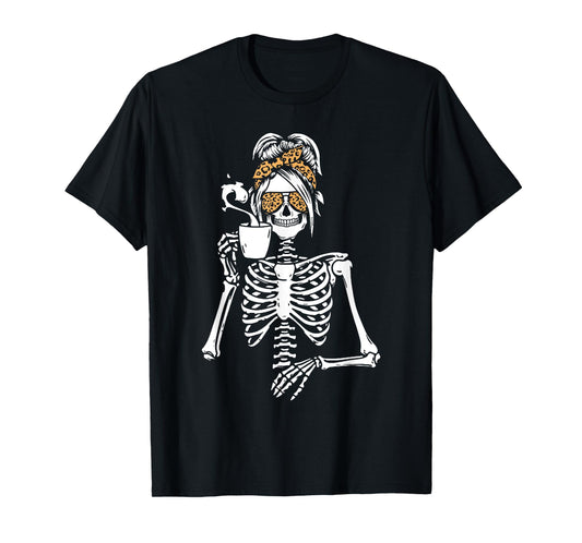 Skeleton Messy Bun Coffee Drinking Halloween Costume Women T-Shirt