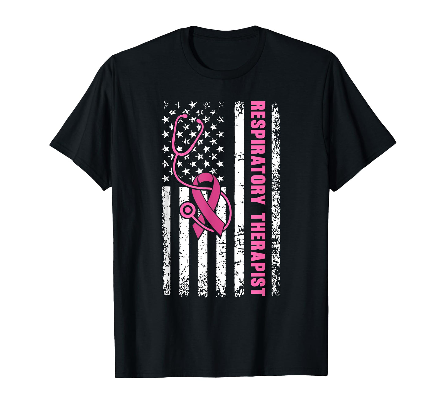 Respiratory Therapist Breast Cancer Awareness USA Flag Nurse T-Shirt