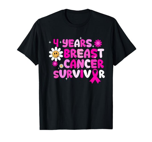 Cute Retro Groovy 4 Years Breast Cancer Survivor Pink Ribbon T-Shirt