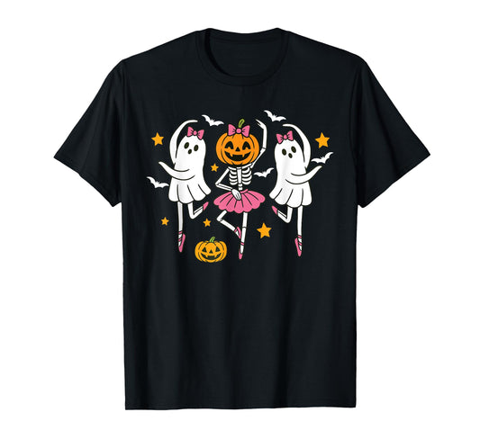 Cute Halloween Girls Ghost Ballet Women Skeleton Ballerina T-Shirt