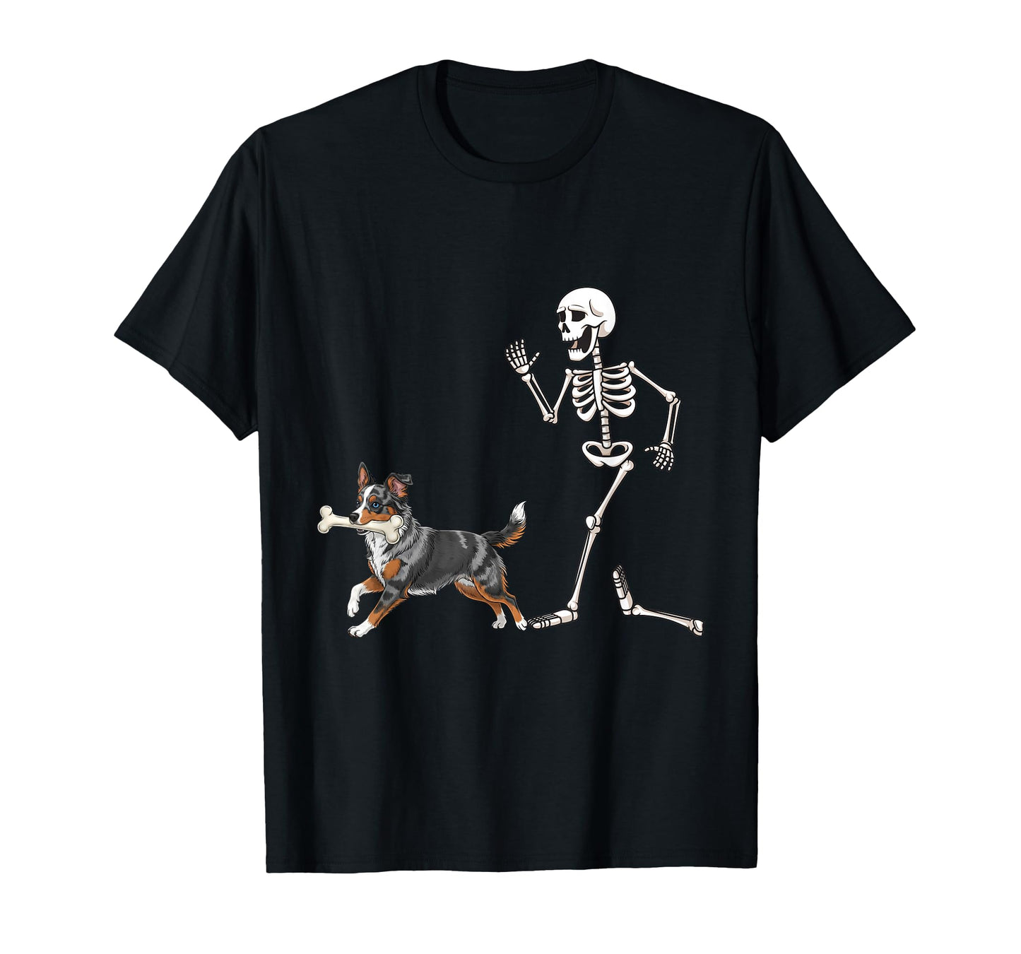 Funny Halloween Miniature American Shepherd and Skeleton T-Shirt