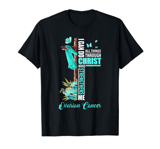 Christian Cross Teal Ribbon Survivor Fighter Ovarian Cancer T-Shirt