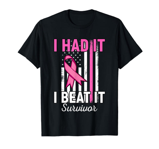 Breast Cancer I Had It I Beat It Survivor Pink American Flag T-Shirt