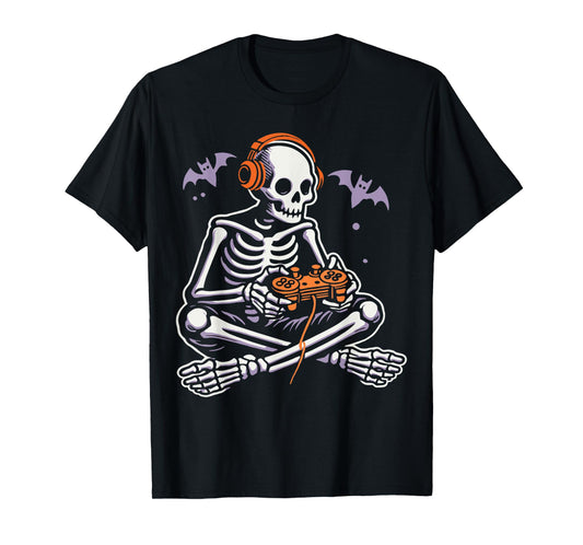 Spooky Skeleton Playing Video Games, Halloween Day Gamer T-Shirt
