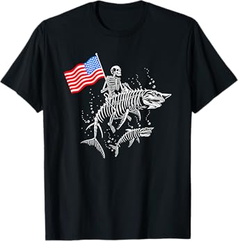 Skeleton Ride Shark 4th Of July T-Shirt
